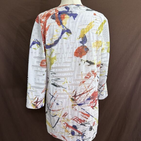 Ali Miles Tunic Top MEDIUM Distressed Abstract Spatter White Mesh Accents - Picture 6 of 9
